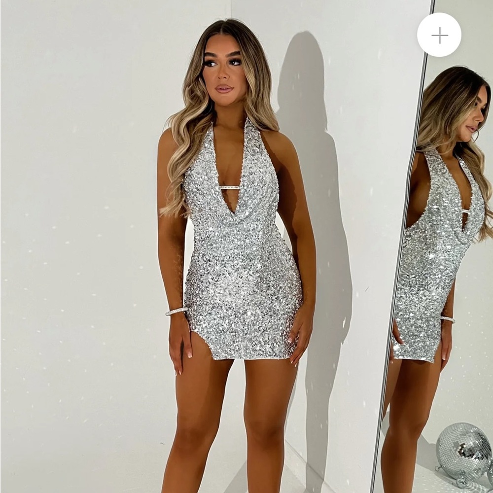 Silver sequin halter mini dress nwt